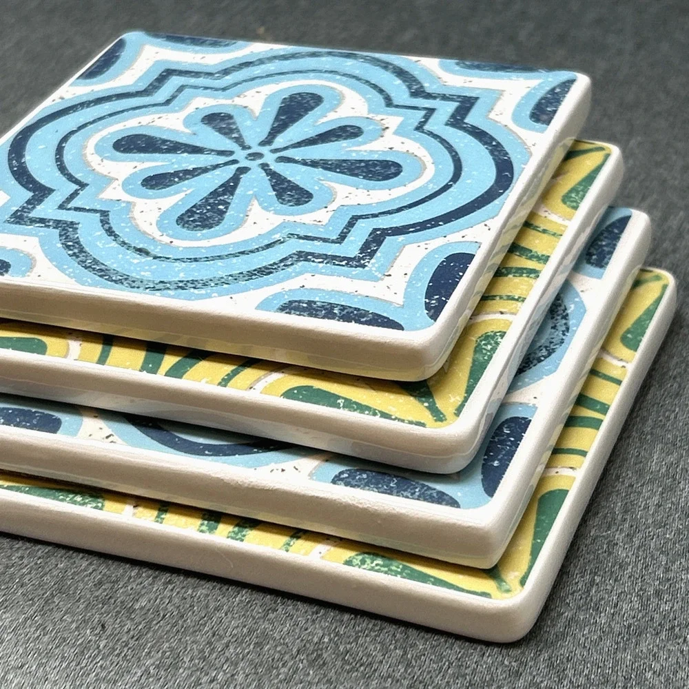 Set of 4 Blue & Green Mediterranean At Home Procurement Drink Coasters Mandala